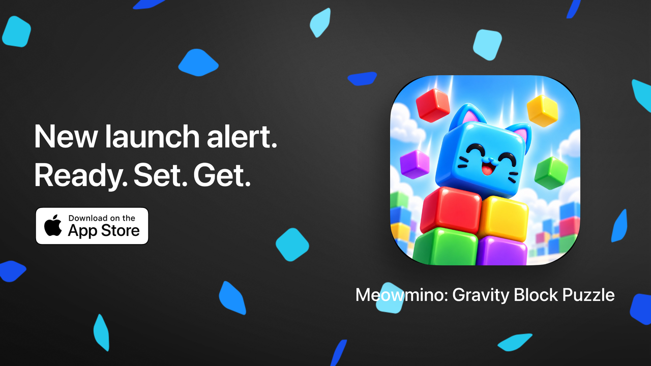 Meowmino launch banner featuring the smiling blue cat puzzle character