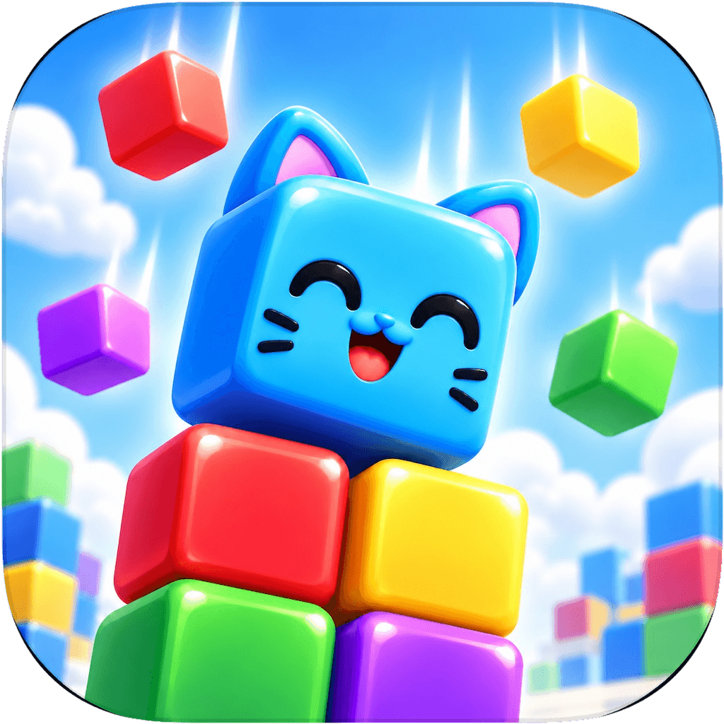 Meowmino app icon with a smiling blue cat and colorful puzzle blocks